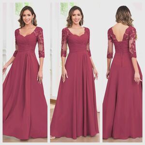 New Mother of the Bride (10) Dark Rose Lace/Chiffon Pleat Half Sleeve Maxi Dress